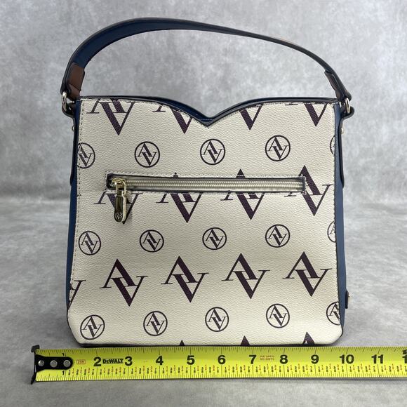 Adrienne Vittadini Sig Crossbody Logo Monogram Buckle Lock Detail Blue Tan Cream - Picture 3 of 9